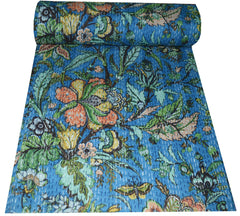Handmade Indian Kantha Quilt – Double Size Flower Print Bedspread & Throw