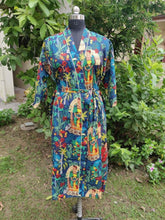 Indian Large Cotton Bathrobe – Blue Frida Kahlo Printed Kimono Dressing Gown for Women