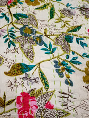 Indian Paradise Print Kantha Quilt – Hand Block Printed Cotton Bedspread, Twin/Queen/King