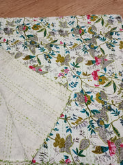 Indian Paradise Print Kantha Quilt – Hand Block Printed Cotton Bedspread, Twin/Queen/King