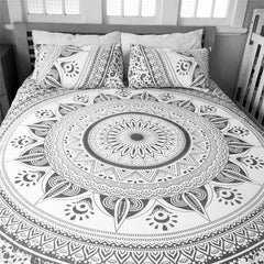 Indian Gray Ombre Mandala Queen Size Doona Duvet Quilt Cover Set – 100% Cotton Bedding with 2 Pillow Covers