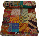 Vintage Kantha Quilt – Handmade Cotton Blanket & Queen Size Bedspread with Patchwork Print