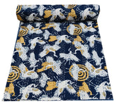 Indian Bird Print Kantha Quilt – Handmade Vintage Cotton Queen Size Bedspread & Throw