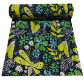 Indian Cotton Kantha Quilt Queen Size – Handmade Vintage Floral Print Bedspread & Throw