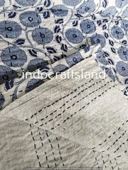 Hand Block Print Indian Kantha Quilt – King & Queen Size Cotton Bedspread with Floral Pattern