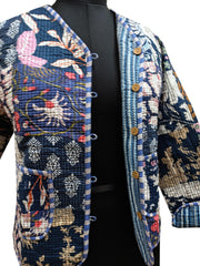 Cotton Handmade Kantha Jacket – Quilted Reversible Blue Patchwork Print Coat & Kimono for Women