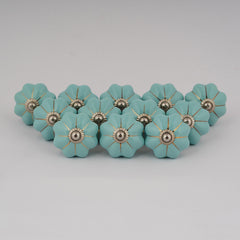 Turquoise Floral Design Boho Hippie Painted Ceramic Knobs – Drawer Pull Handles Set
