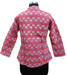 Quilted Reversible Hand Block Printed Boho Floral Jacket – Indian Vintage Handmade Full Sleeve Coat, Pink