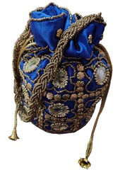 Blue Mirror Work Indian Ethnic Potli Bag – Handbag for Party, Wedding & Gifting