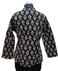 Quilted Reversible Hand Block Printed Boho Jacket – Indian Vintage Handmade Full Sleeve Coat, Black Floral