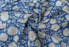 Indian Blue Floral Print Boho Fabric – 100% Cotton by 5 Yard for Curtains & Dressmaking