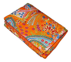 Indian Handmade Kantha Quilt Throw – Reversible Cotton Bedspread, Paisley Print Orange, Single/Double Size