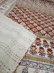Indian Handmade Kantha Quilt Throw – Reversible Cotton Bedspread, King/Double Size, Floral Print