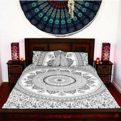 Indian Gray Ombre Mandala Queen Size Doona Duvet Quilt Cover Set – 100% Cotton Bedding with 2 Pillow Covers