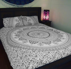Indian Gray Ombre Mandala Queen Size Doona Duvet Quilt Cover Set – 100% Cotton Bedding with 2 Pillow Covers
