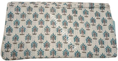 Indian Kantha Quilt – Block Print Floral Cotton Blanket, Handmade Bedspread, King/Queen/Twin