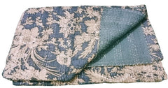 Indian Kantha Quilt – Handmade Queen Size Gray Floral Print Bedcover & Throw Blanket