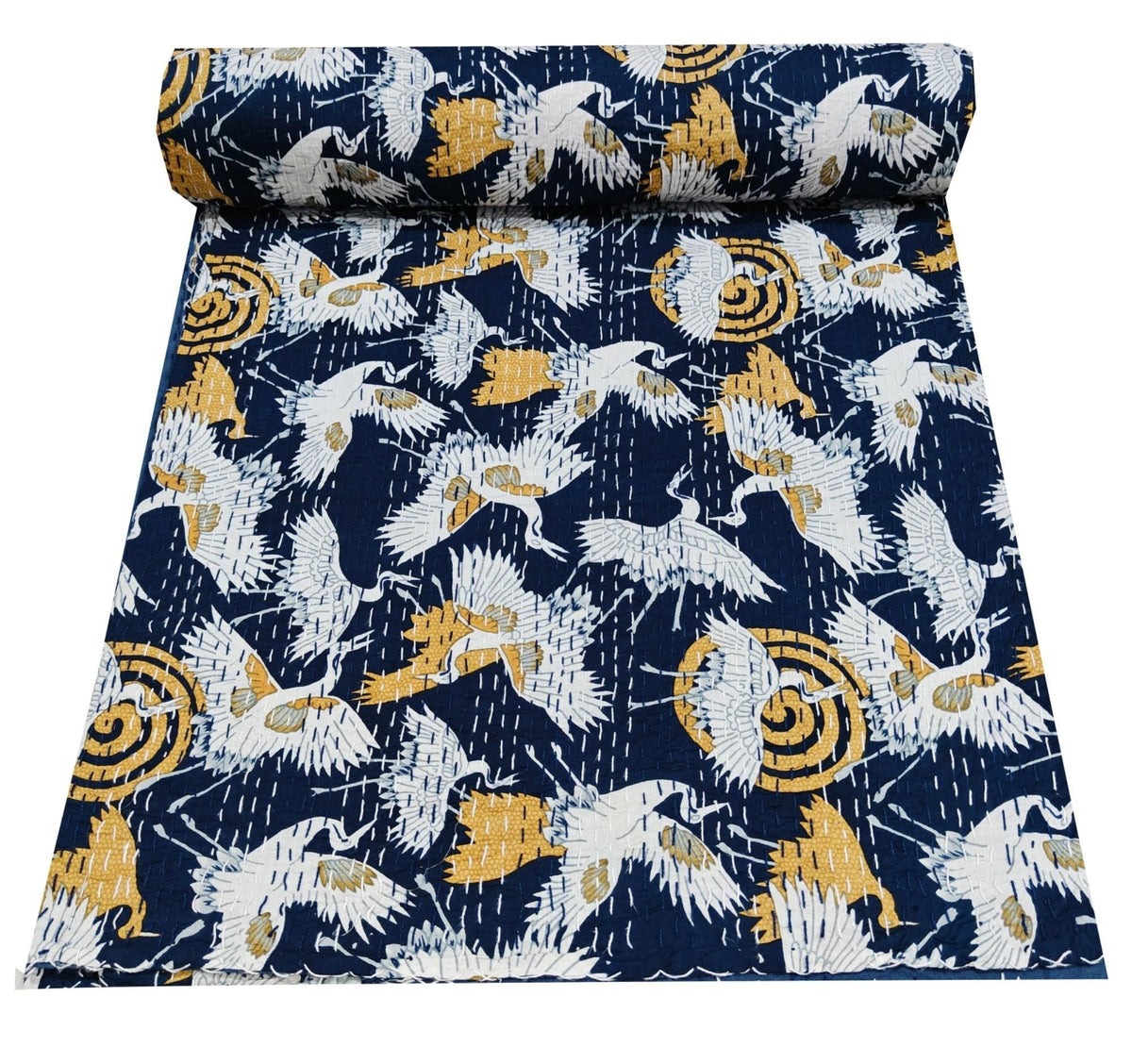 Indian Bird Print Kantha Quilt – Handmade Vintage Cotton Queen Size Bedspread & Throw