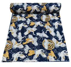 Indian Bird Print Kantha Quilt – Handmade Vintage Cotton Queen Size Bedspread & Throw