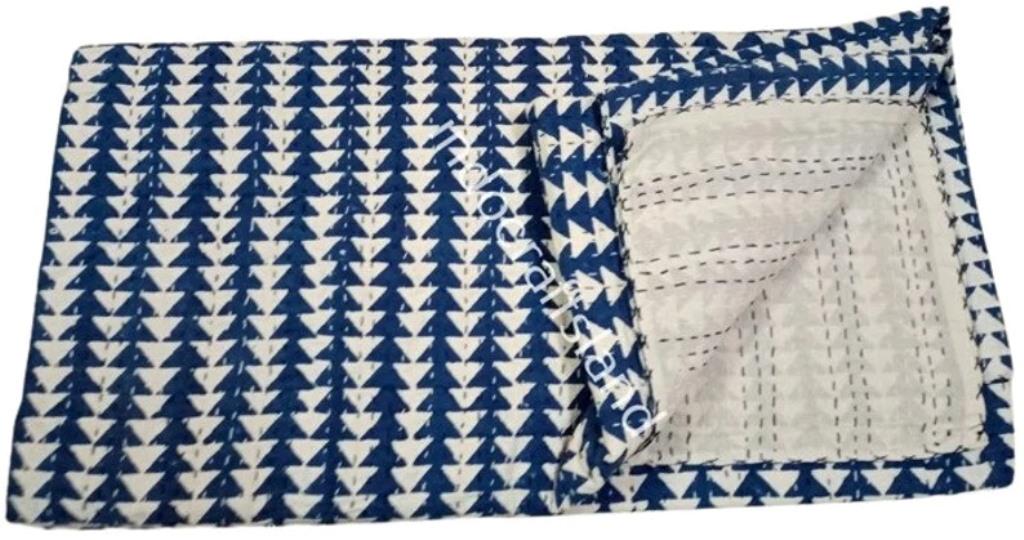 Kantha Quilt – Hand Block Printed Floral Cotton Blanket & Bedspread, Twin/Queen/King