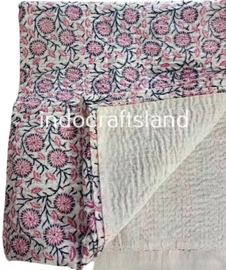 Hand Block Printed Bohemian Kantha Quilt – Vintage Double Cotton Bedspread