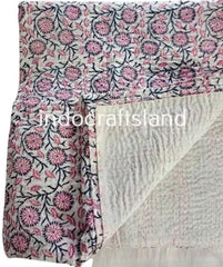 Hand Block Printed Bohemian Kantha Quilt – Vintage Double Cotton Bedspread