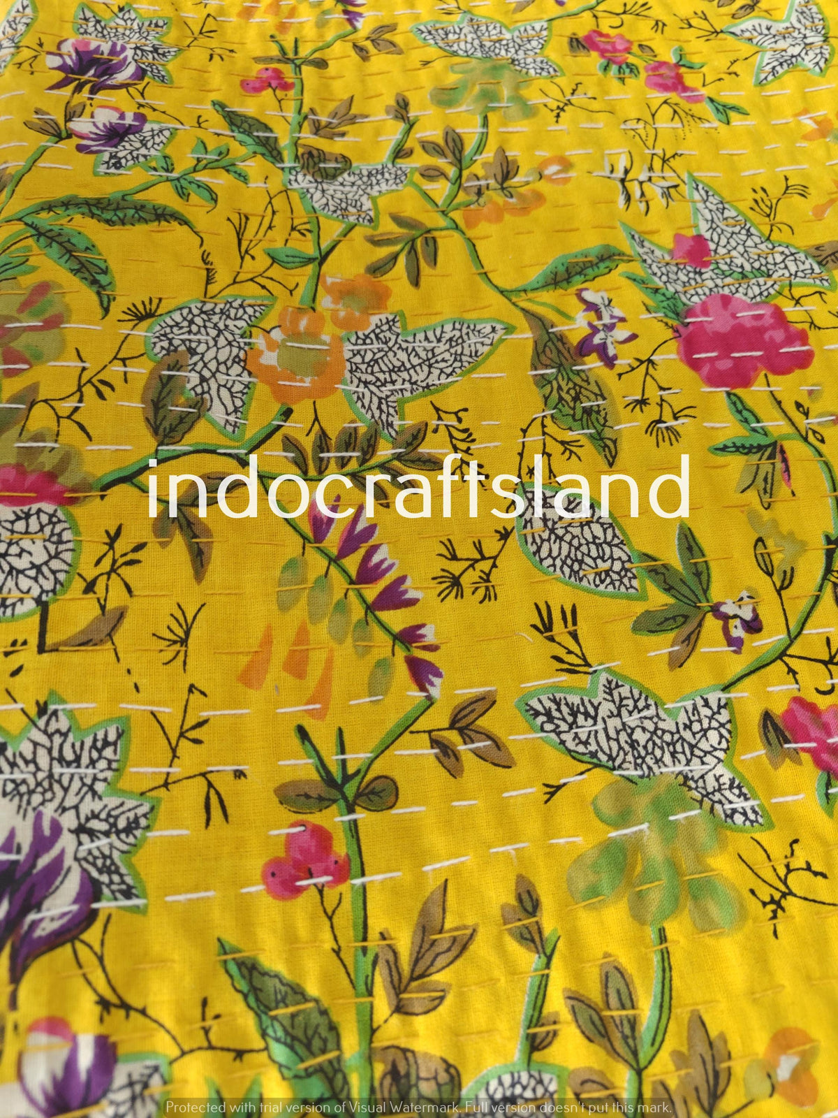 Handmade Yellow Paradise Print Indian Kantha Quilt – King & Queen Size Cotton Bedspread