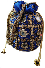 Blue Mirror Work Indian Ethnic Potli Bag – Handbag for Party, Wedding & Gifting