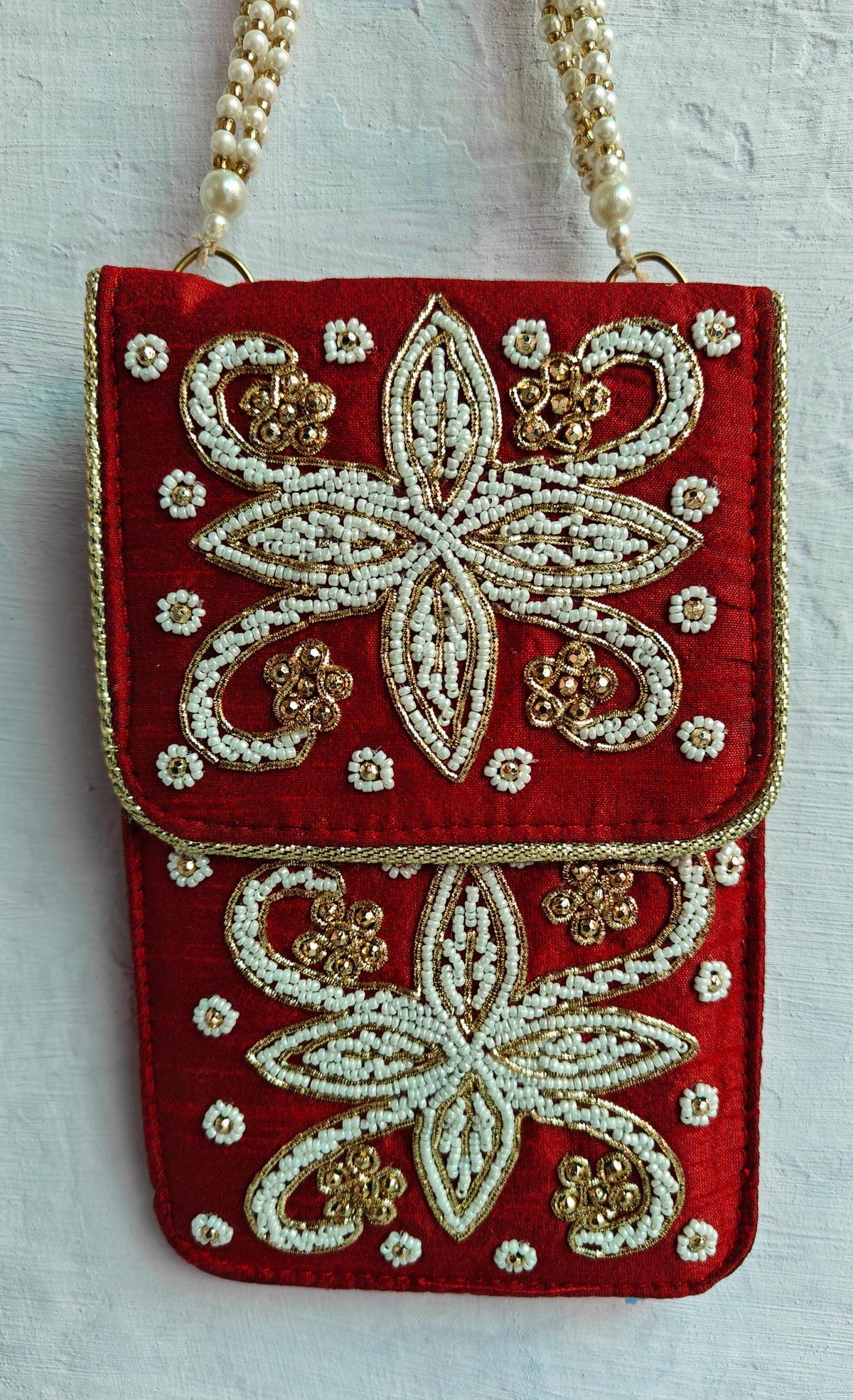 Indian Handmade Designer Mobile Phone Purse – Silk Sleeve with Waist Clip & Saree Hook, Red