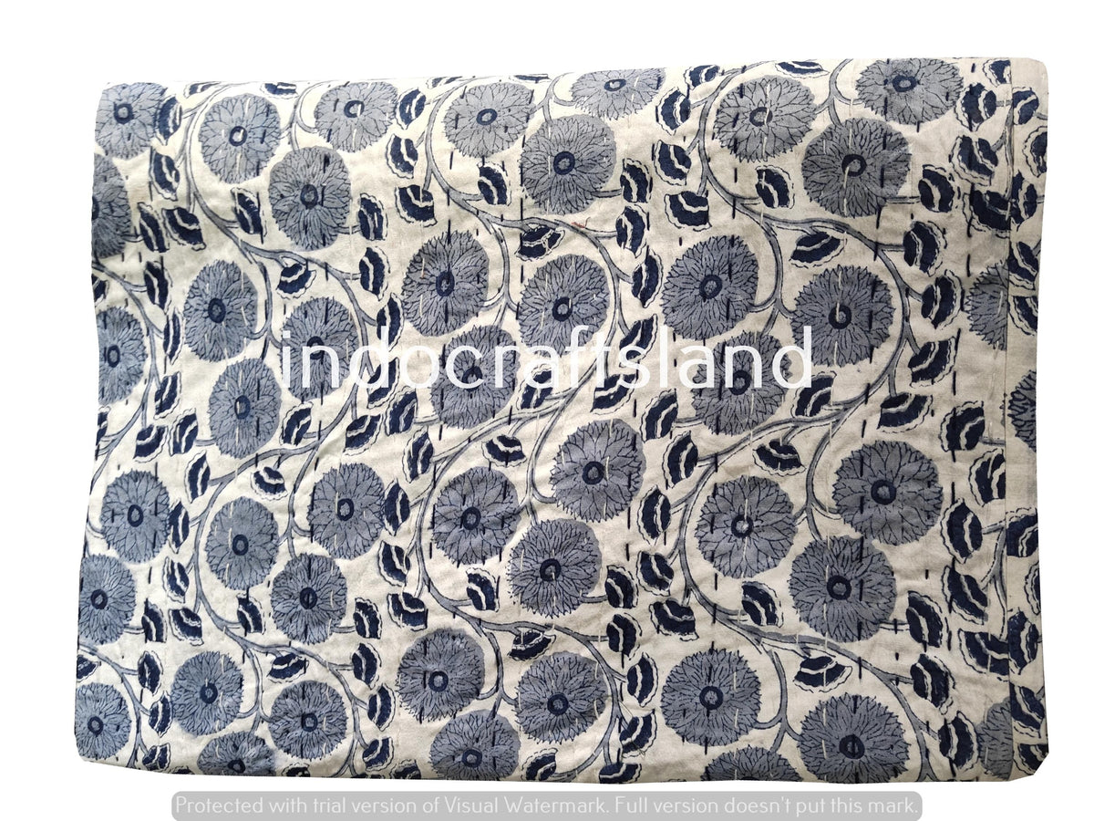 Hand Block Print Indian Kantha Quilt – King & Queen Size Cotton Bedspread with Floral Pattern