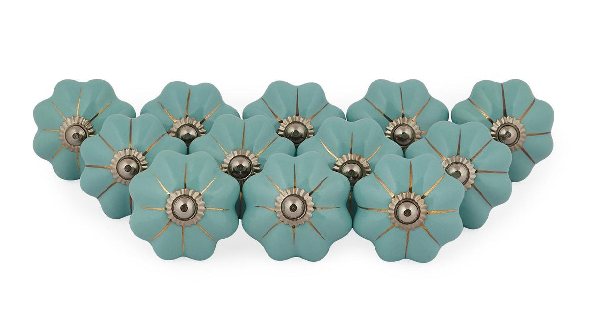 Turquoise Floral Design Boho Hippie Painted Ceramic Knobs – Drawer Pull Handles Set