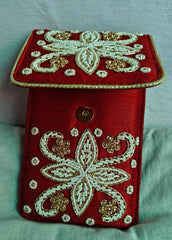Indian Handmade Designer Mobile Phone Purse – Silk Sleeve with Waist Clip & Saree Hook, Red